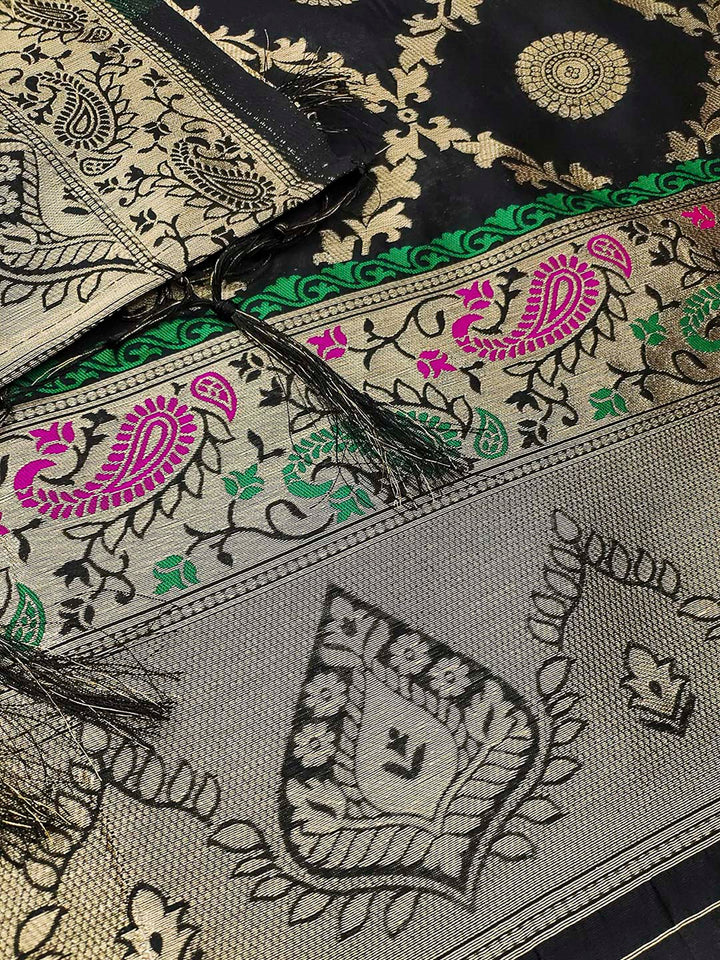 Black Pure Soft Banarasi Silk Woven Design Unstitched Dress Material
