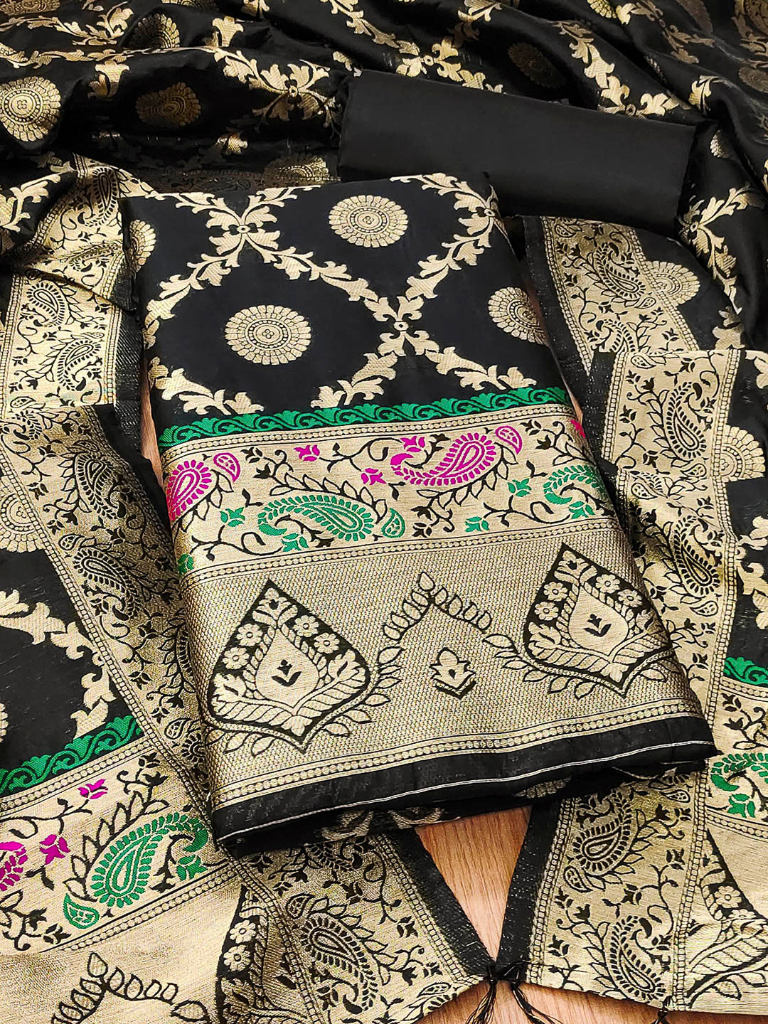 Black Pure Soft Banarasi Silk Woven Design Unstitched Dress Material