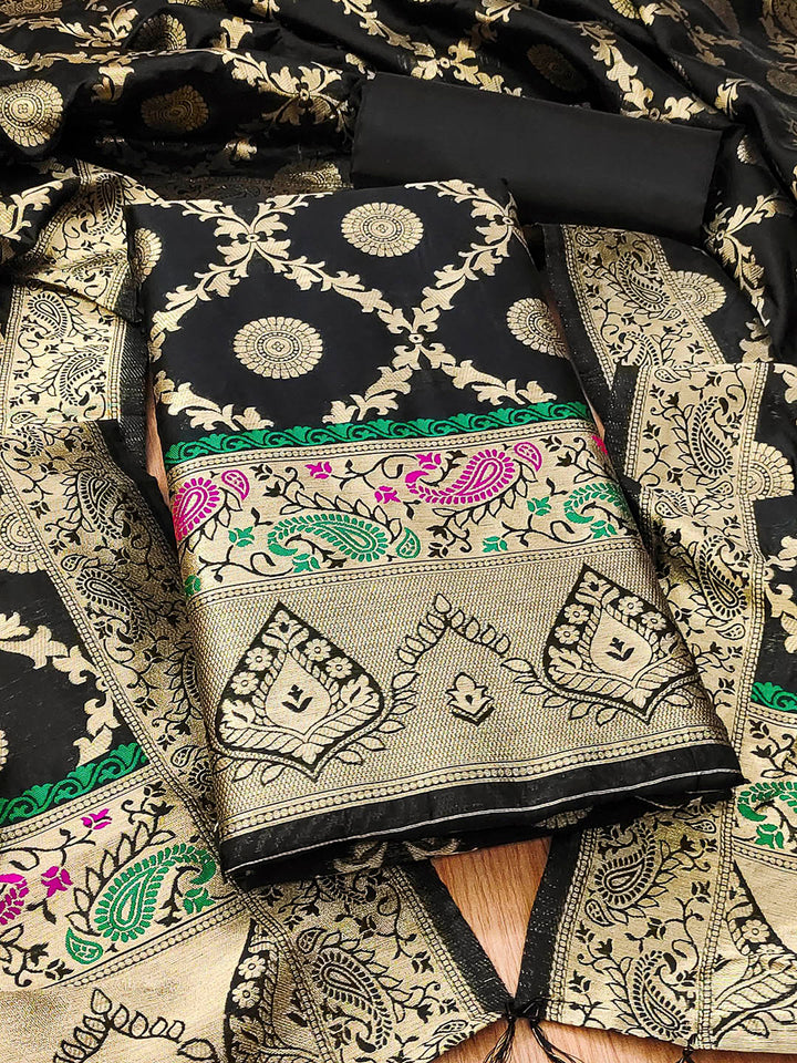 Black Pure Soft Banarasi Silk Woven Design Unstitched Dress Material
