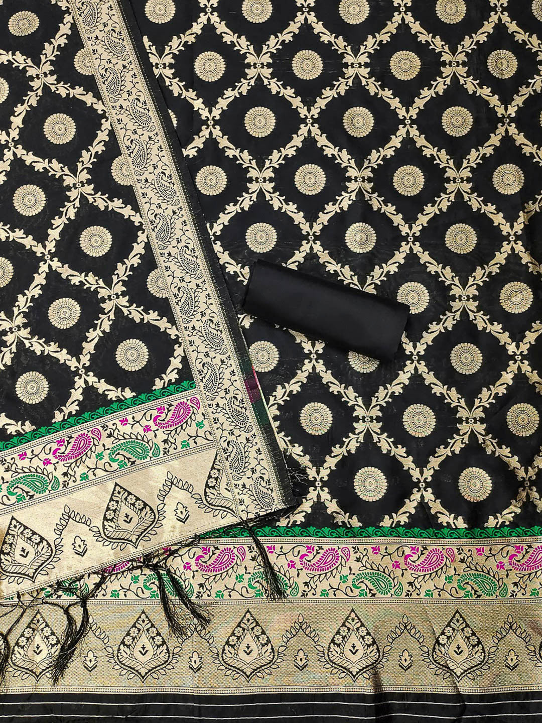Black Pure Soft Banarasi Silk Woven Design Unstitched Dress Material