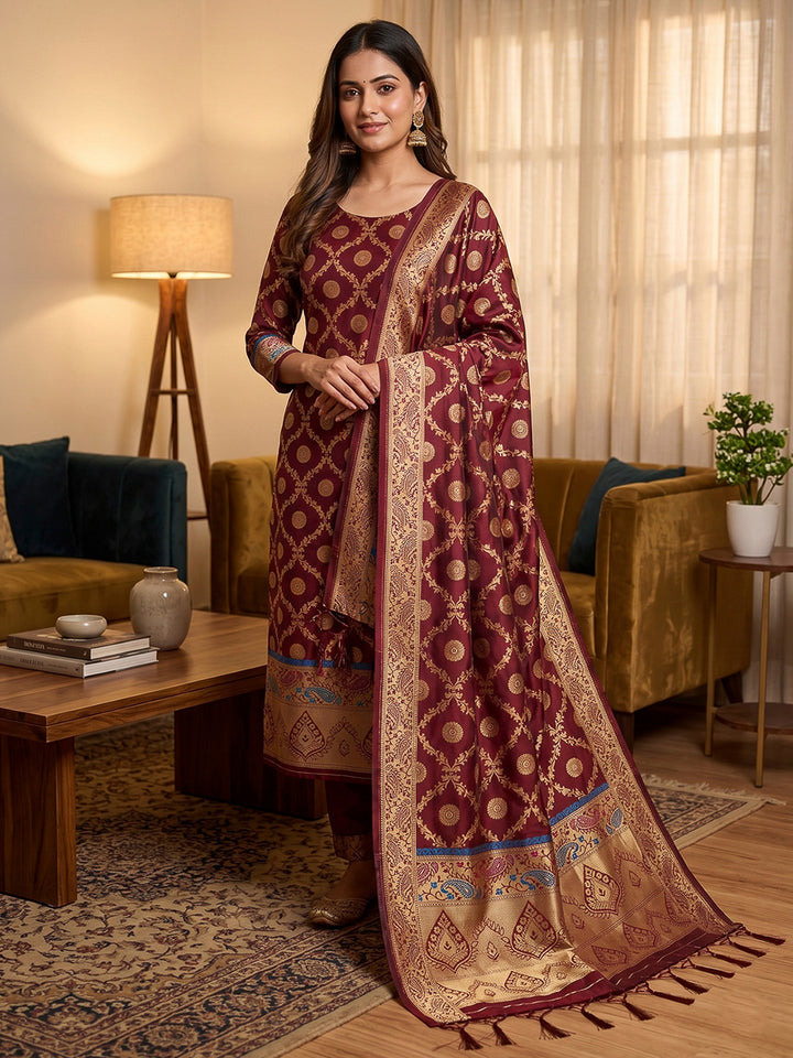 Maroon Pure Soft Banarasi Silk Woven Design Unstitched Dress Material