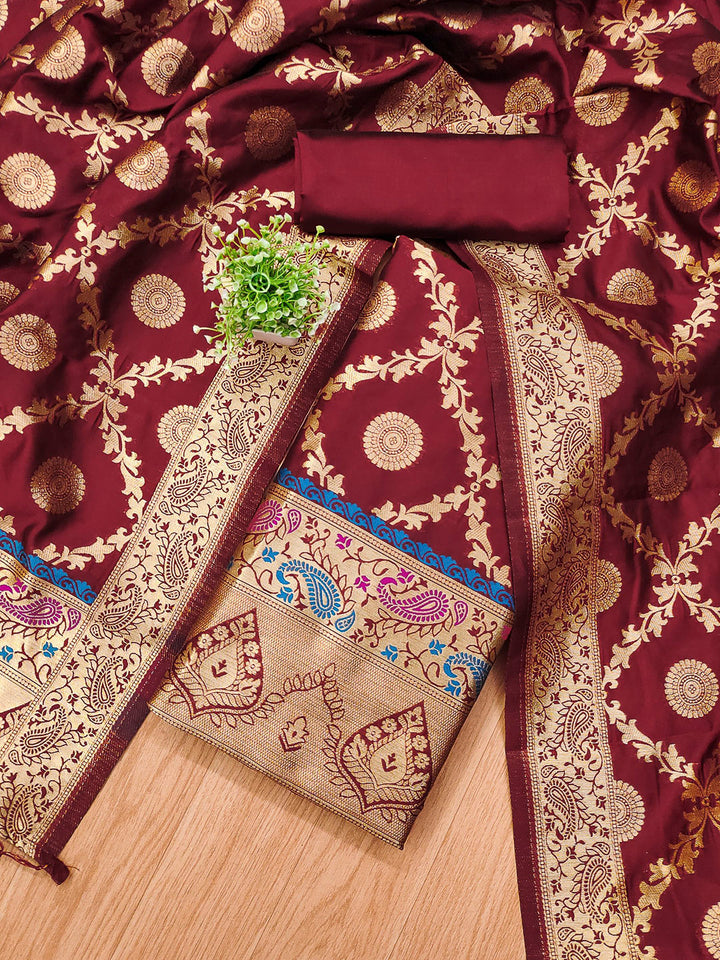 Maroon Pure Soft Banarasi Silk Woven Design Unstitched Dress Material