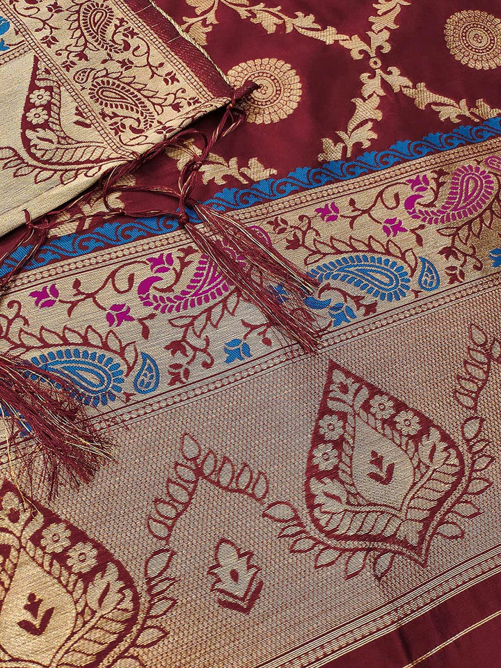 Maroon Pure Soft Banarasi Silk Woven Design Unstitched Dress Material