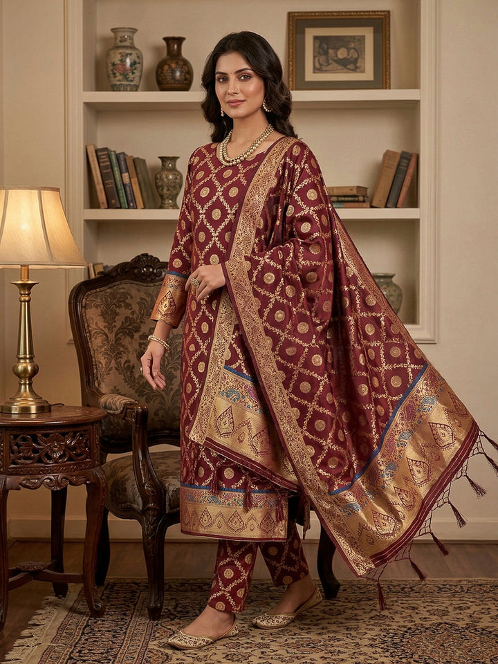 Maroon Pure Soft Banarasi Silk Woven Design Unstitched Dress Material