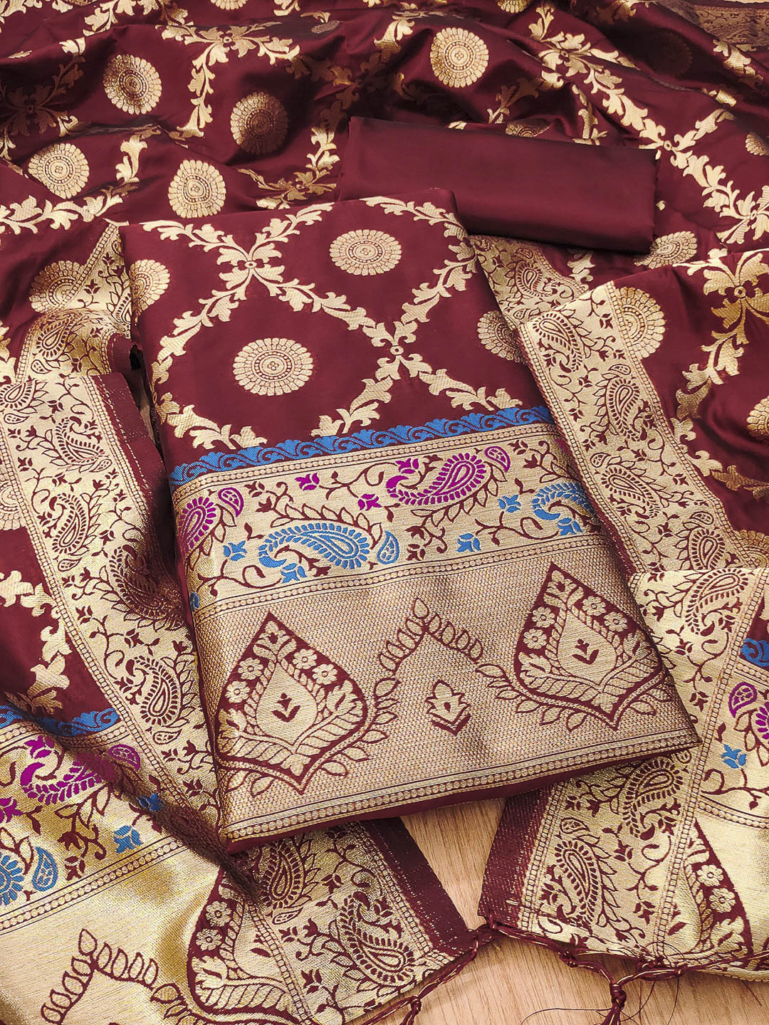 Maroon Pure Soft Banarasi Silk Woven Design Unstitched Dress Material