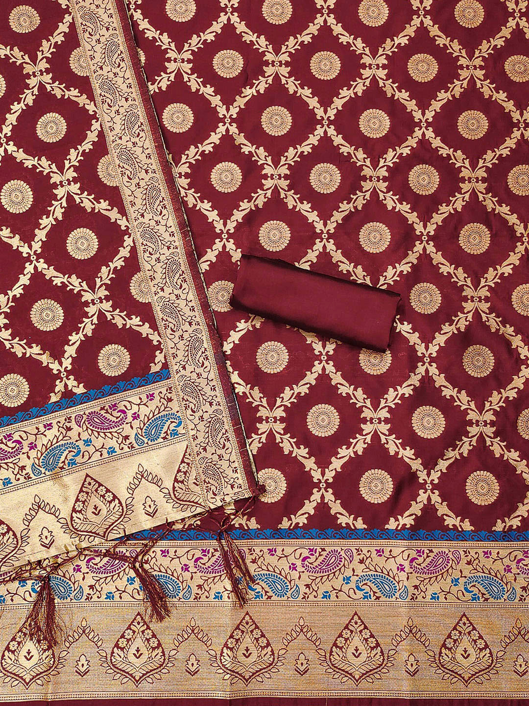 Maroon Pure Soft Banarasi Silk Woven Design Unstitched Dress Material