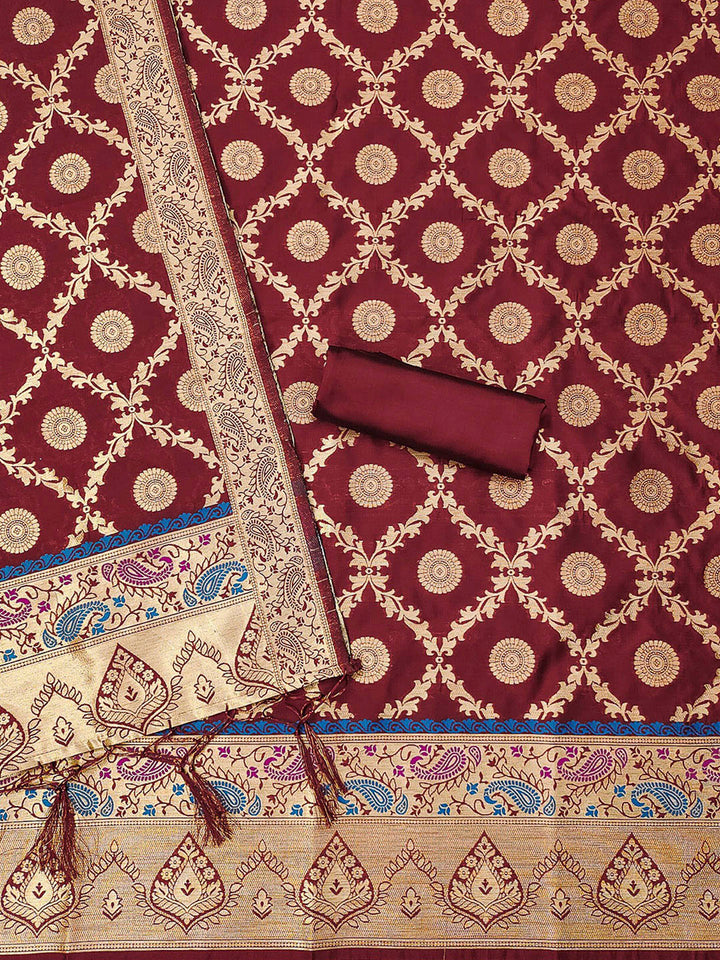 Maroon Pure Soft Banarasi Silk Woven Design Unstitched Dress Material