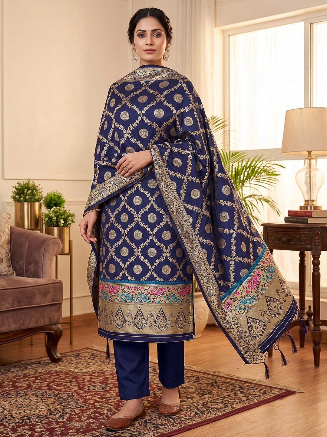 Navy-Blue Pure Soft Banarasi Silk Woven Design Unstitched Dress Material