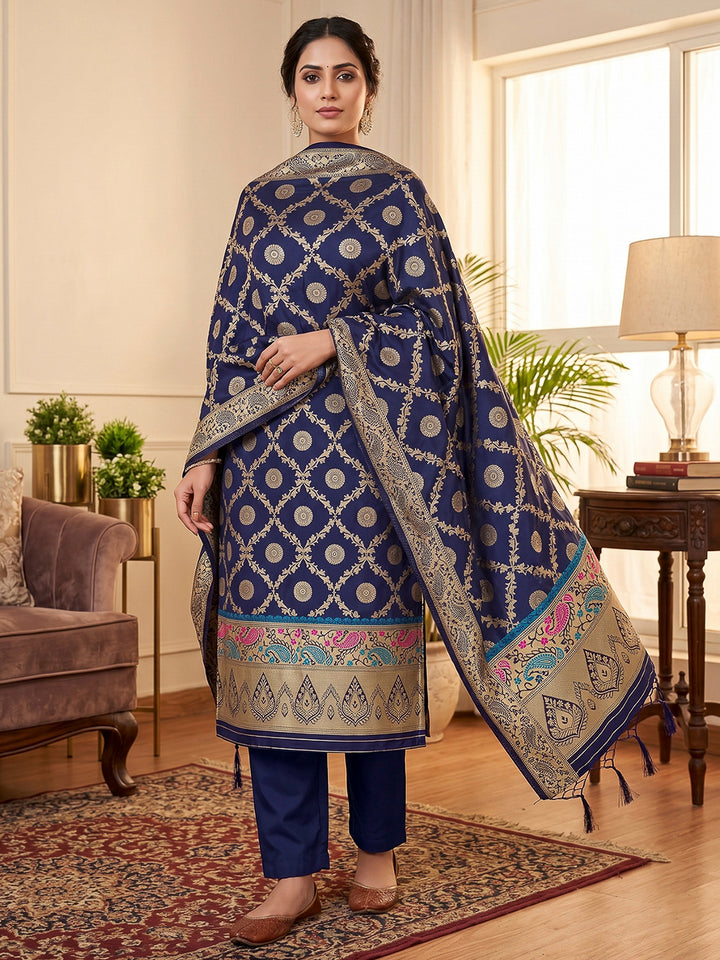 Navy-Blue Pure Soft Banarasi Silk Woven Design Unstitched Dress Material