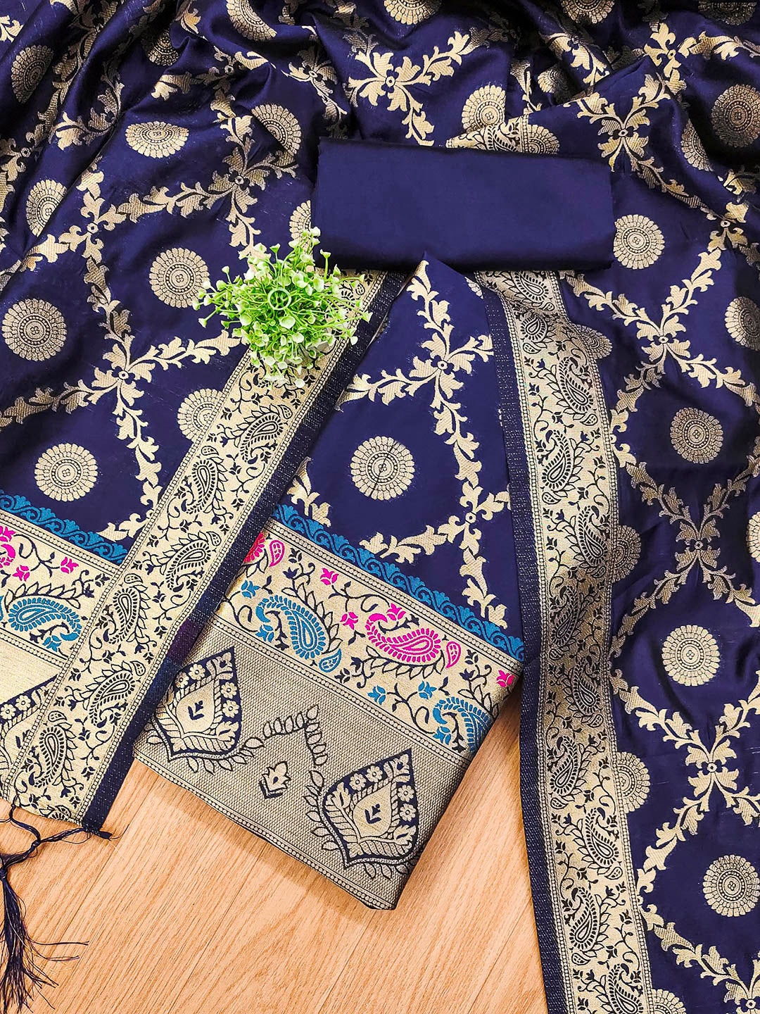 Navy-Blue Pure Soft Banarasi Silk Woven Design Unstitched Dress Material