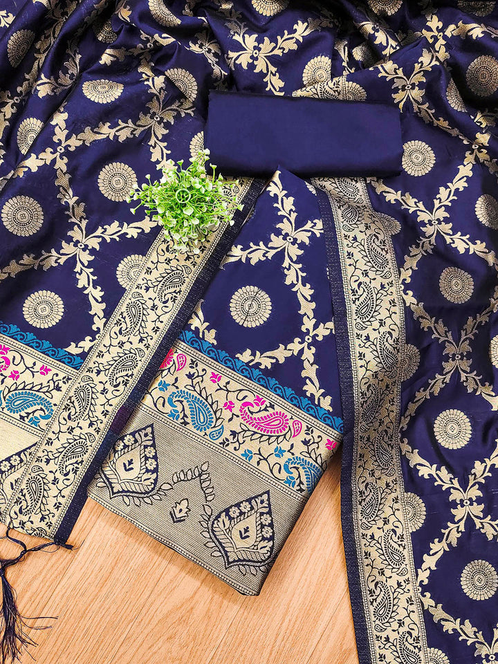 Navy-Blue Pure Soft Banarasi Silk Woven Design Unstitched Dress Material