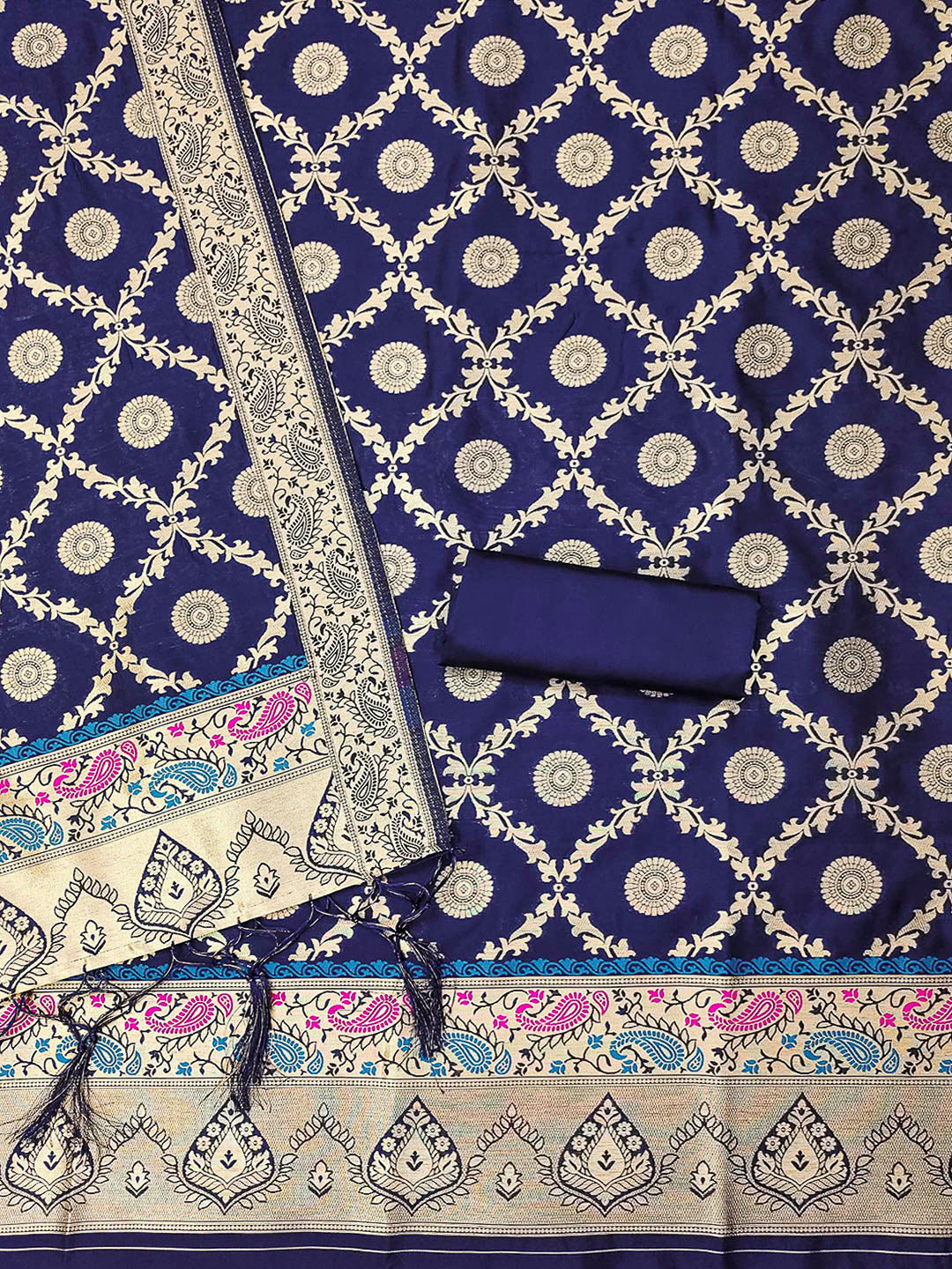 Navy-Blue Pure Soft Banarasi Silk Woven Design Unstitched Dress Material