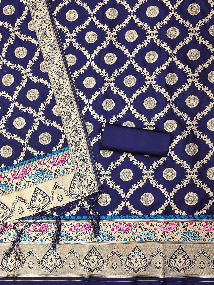 Navy-Blue Pure Soft Banarasi Silk Woven Design Unstitched Dress Material
