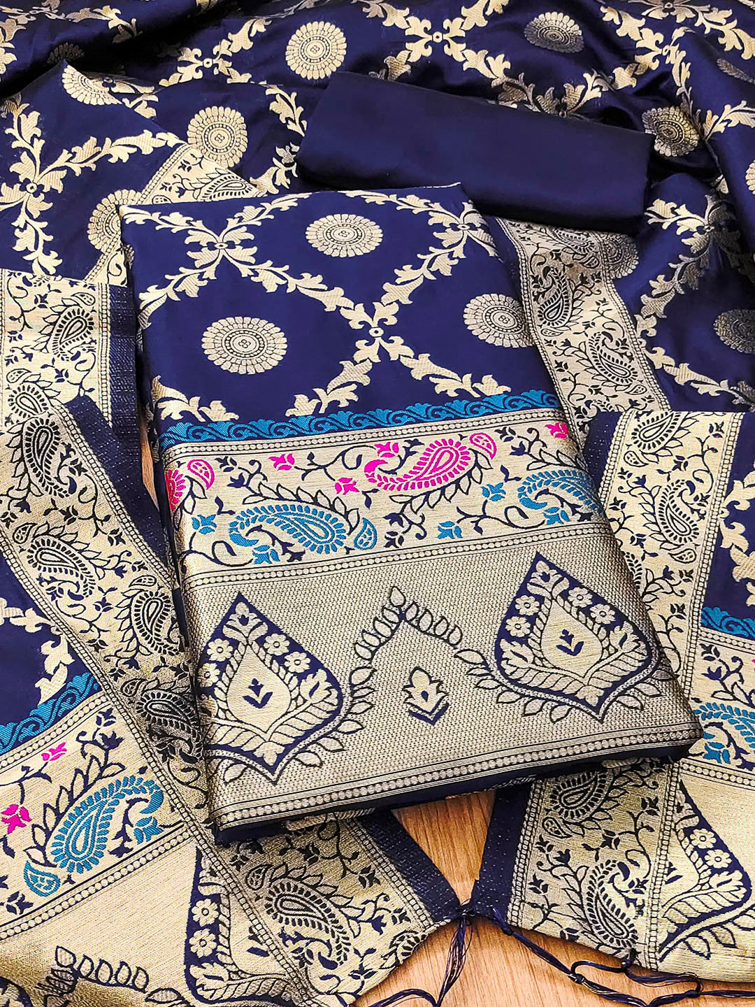 Navy-Blue Pure Soft Banarasi Silk Woven Design Unstitched Dress Material