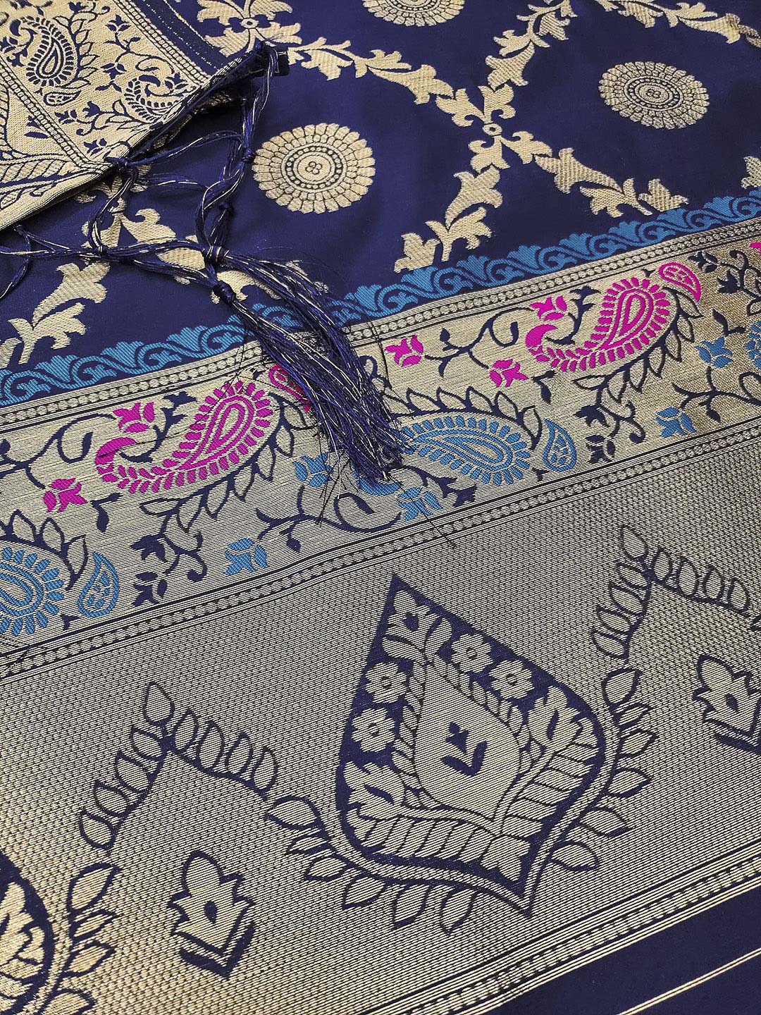 Navy-Blue Pure Soft Banarasi Silk Woven Design Unstitched Dress Material