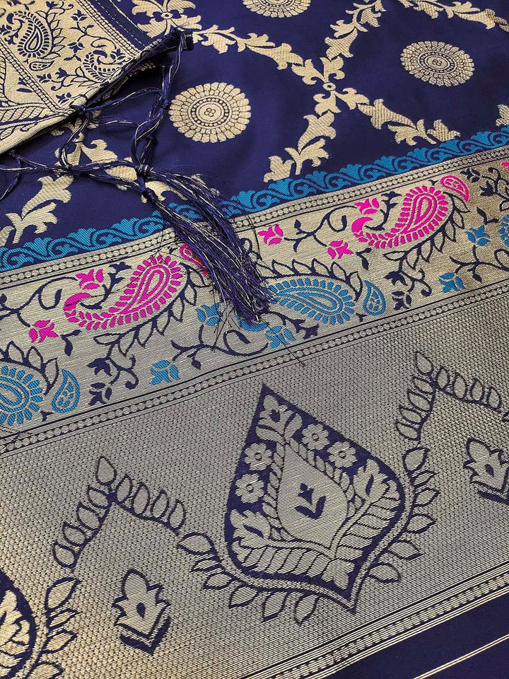 Navy-Blue Pure Soft Banarasi Silk Woven Design Unstitched Dress Material