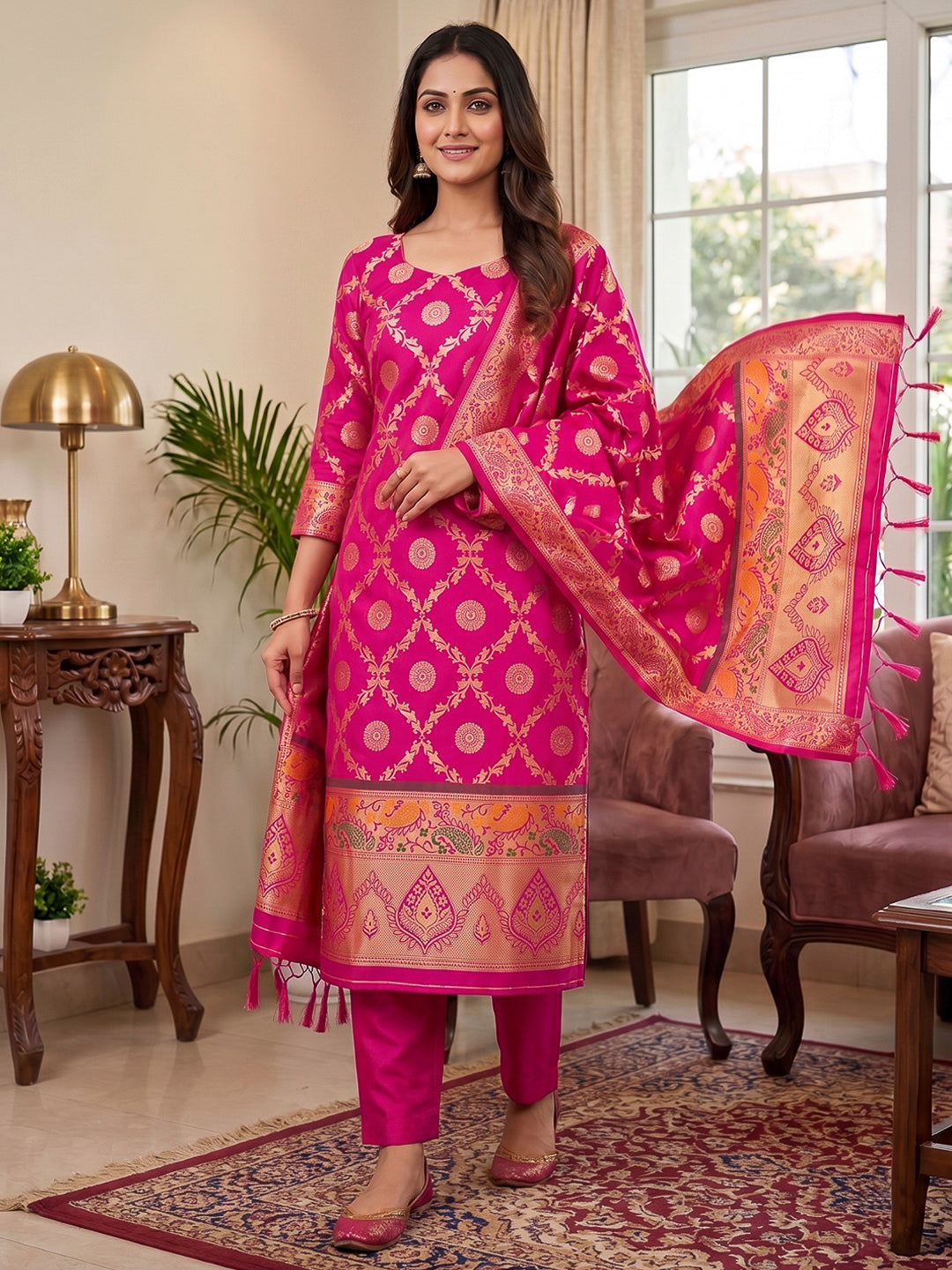 Pink Pure Soft Banarasi Silk Woven Design Unstitched Dress Material
