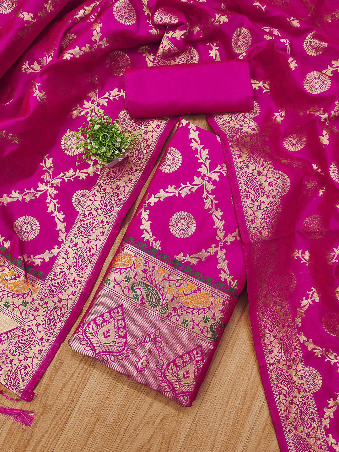 Pink Pure Soft Banarasi Silk Woven Design Unstitched Dress Material