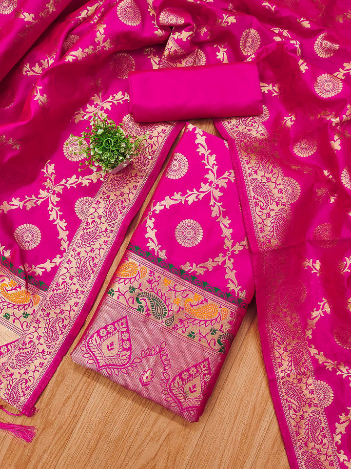 Pink Pure Soft Banarasi Silk Woven Design Unstitched Dress Material