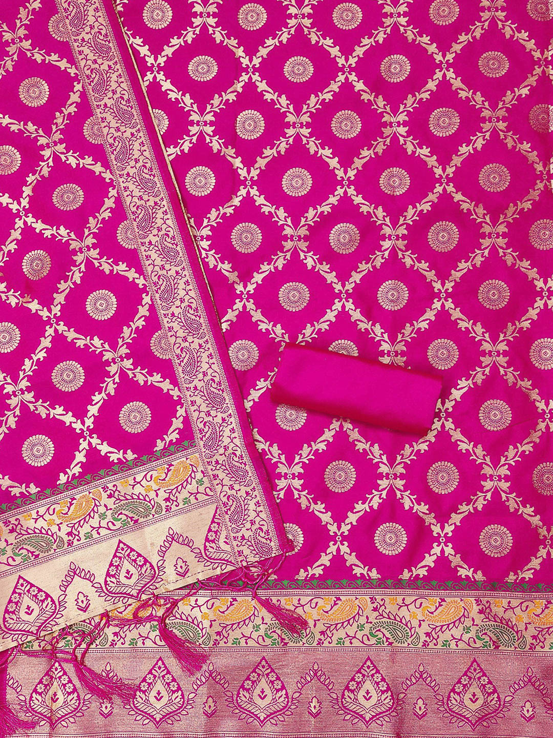 Pink Pure Soft Banarasi Silk Woven Design Unstitched Dress Material