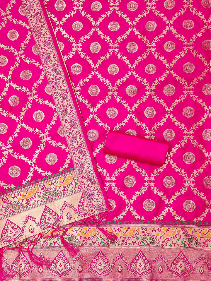 Pink Pure Soft Banarasi Silk Woven Design Unstitched Dress Material