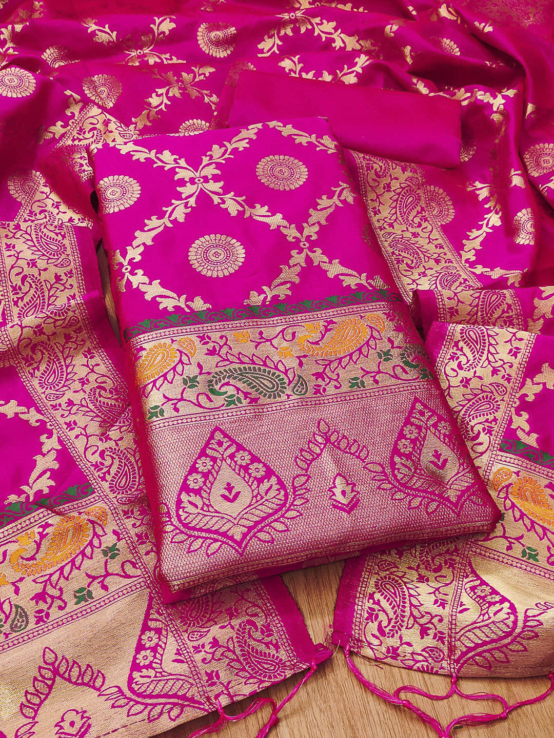 Pink Pure Soft Banarasi Silk Woven Design Unstitched Dress Material