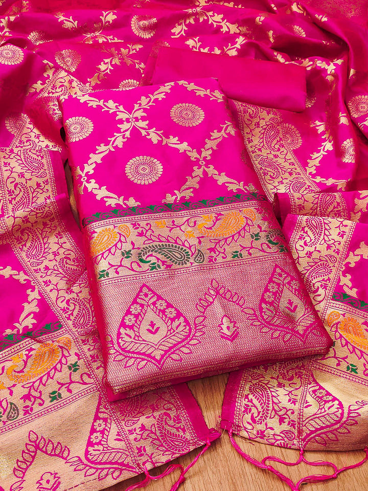 Pink Pure Soft Banarasi Silk Woven Design Unstitched Dress Material