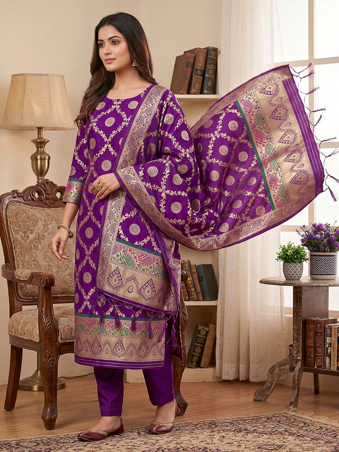 Purple Pure Soft Banarasi Silk Woven Design Unstitched Dress Material