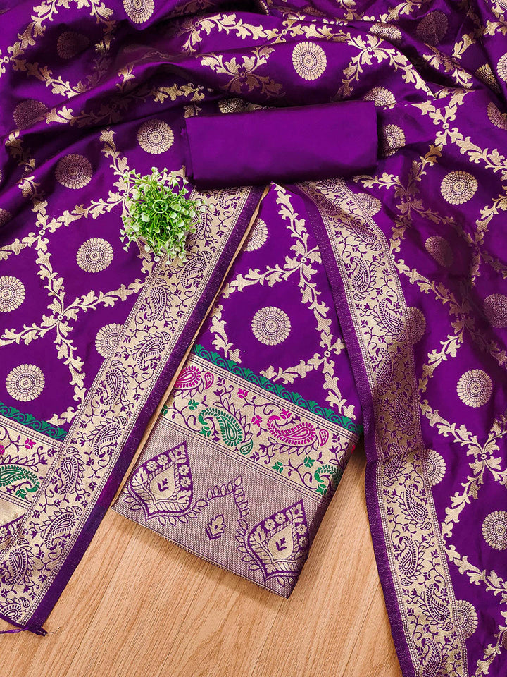 Purple Pure Soft Banarasi Silk Woven Design Unstitched Dress Material