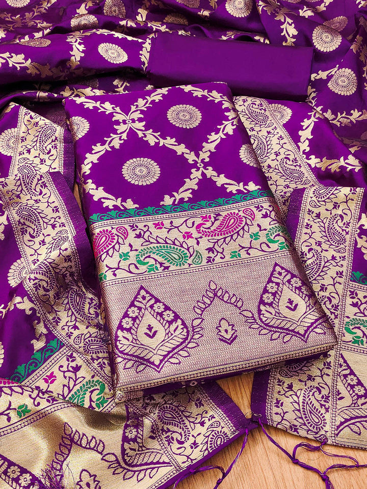 Purple Pure Soft Banarasi Silk Woven Design Unstitched Dress Material