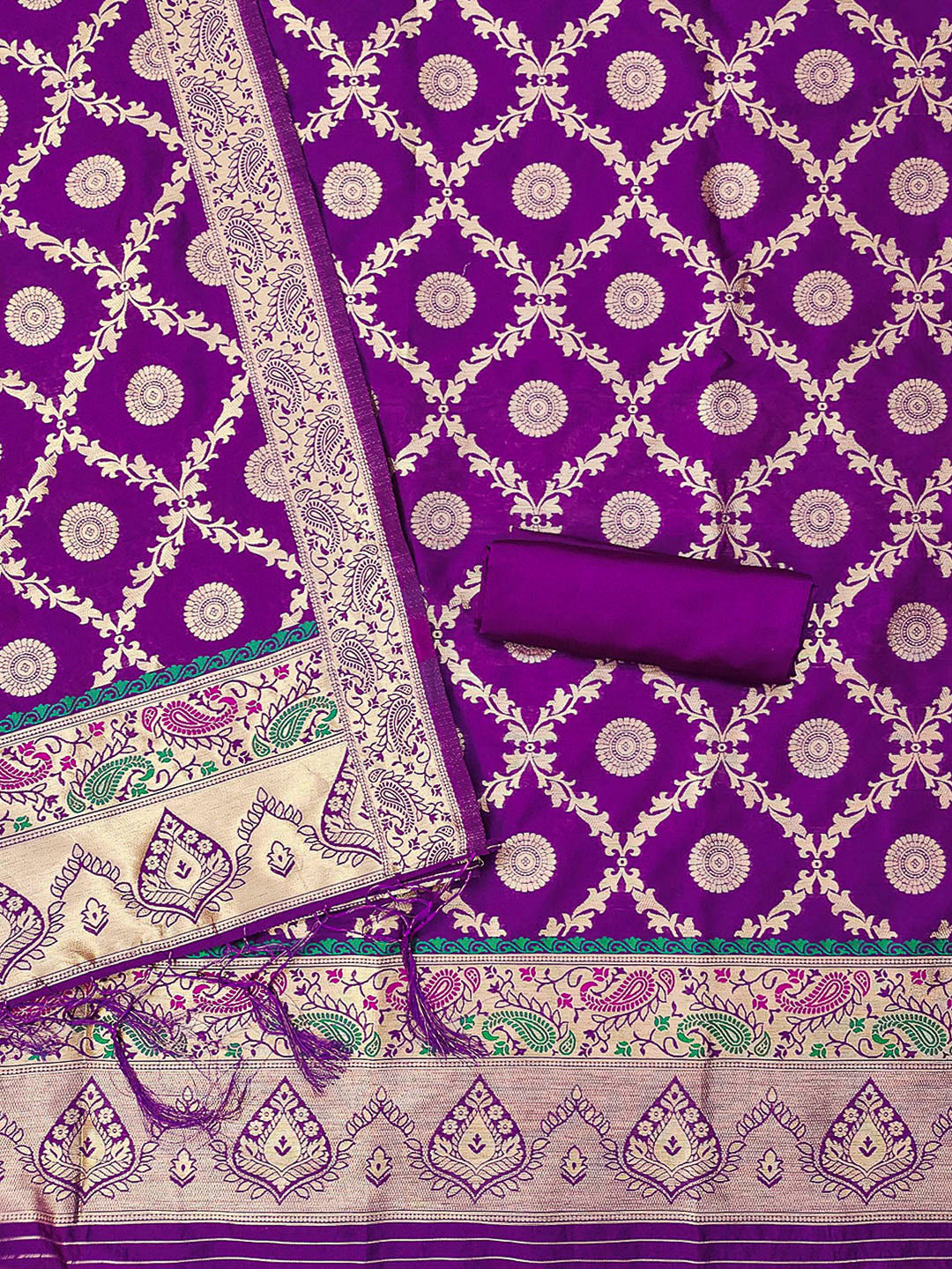 Purple Pure Soft Banarasi Silk Woven Design Unstitched Dress Material