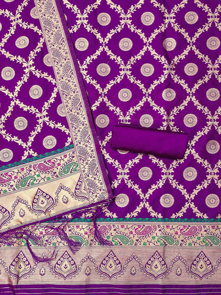 Purple Pure Soft Banarasi Silk Woven Design Unstitched Dress Material