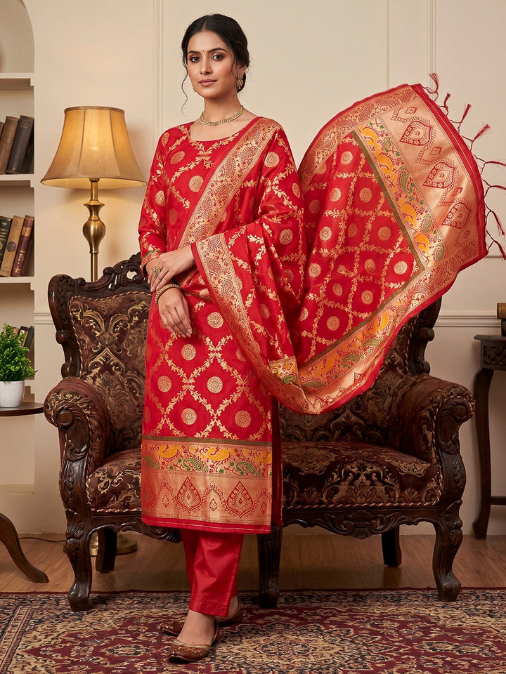 Red Pure Soft Banarasi Silk Woven Design Unstitched Dress Material
