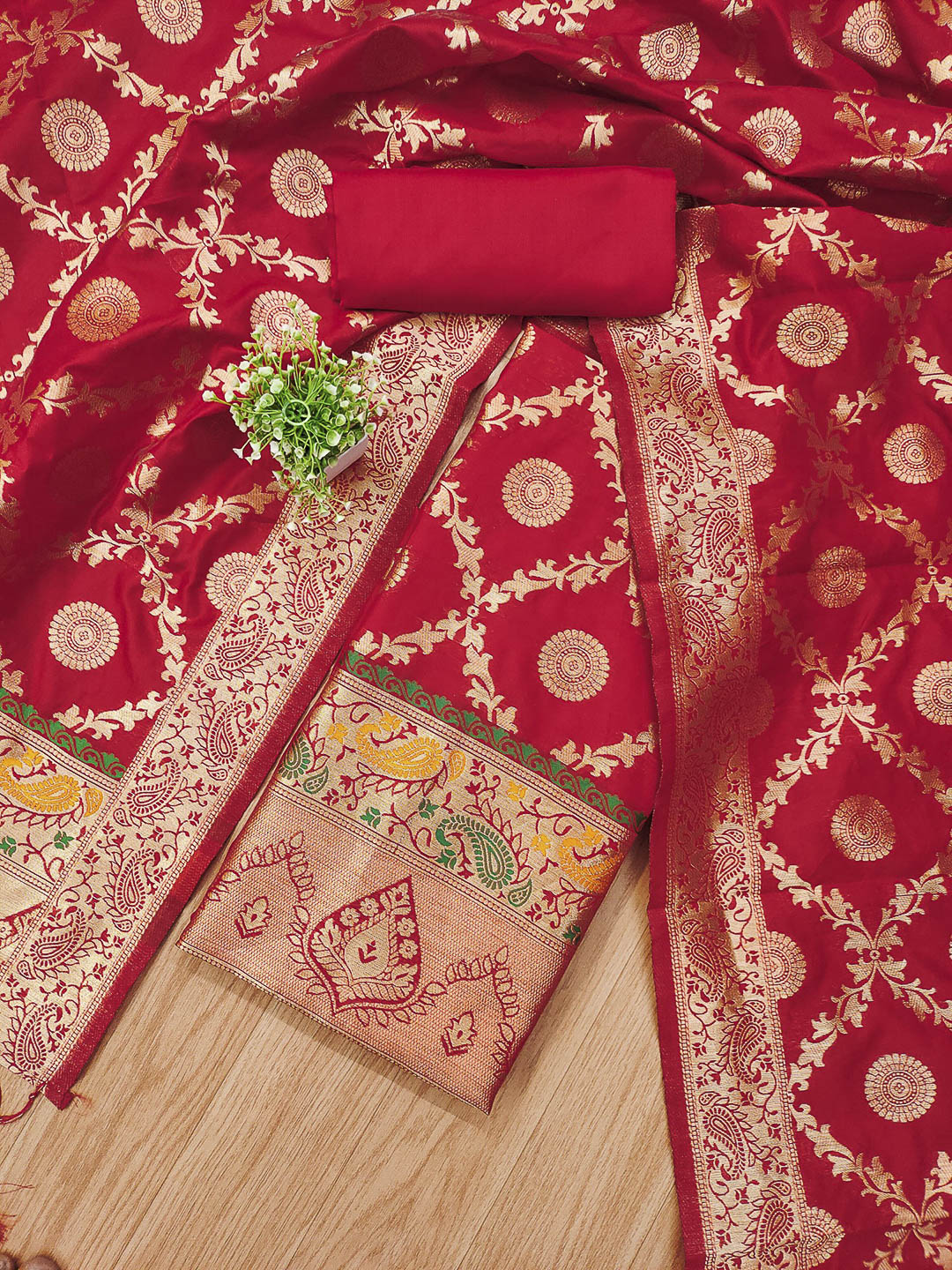 Red Pure Soft Banarasi Silk Woven Design Unstitched Dress Material