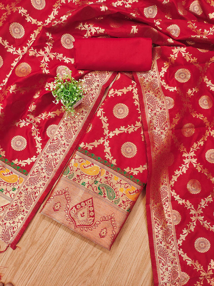 Red Pure Soft Banarasi Silk Woven Design Unstitched Dress Material