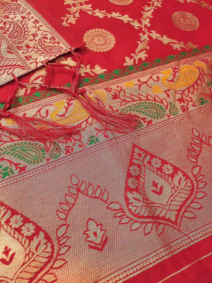 Red Pure Soft Banarasi Silk Woven Design Unstitched Dress Material