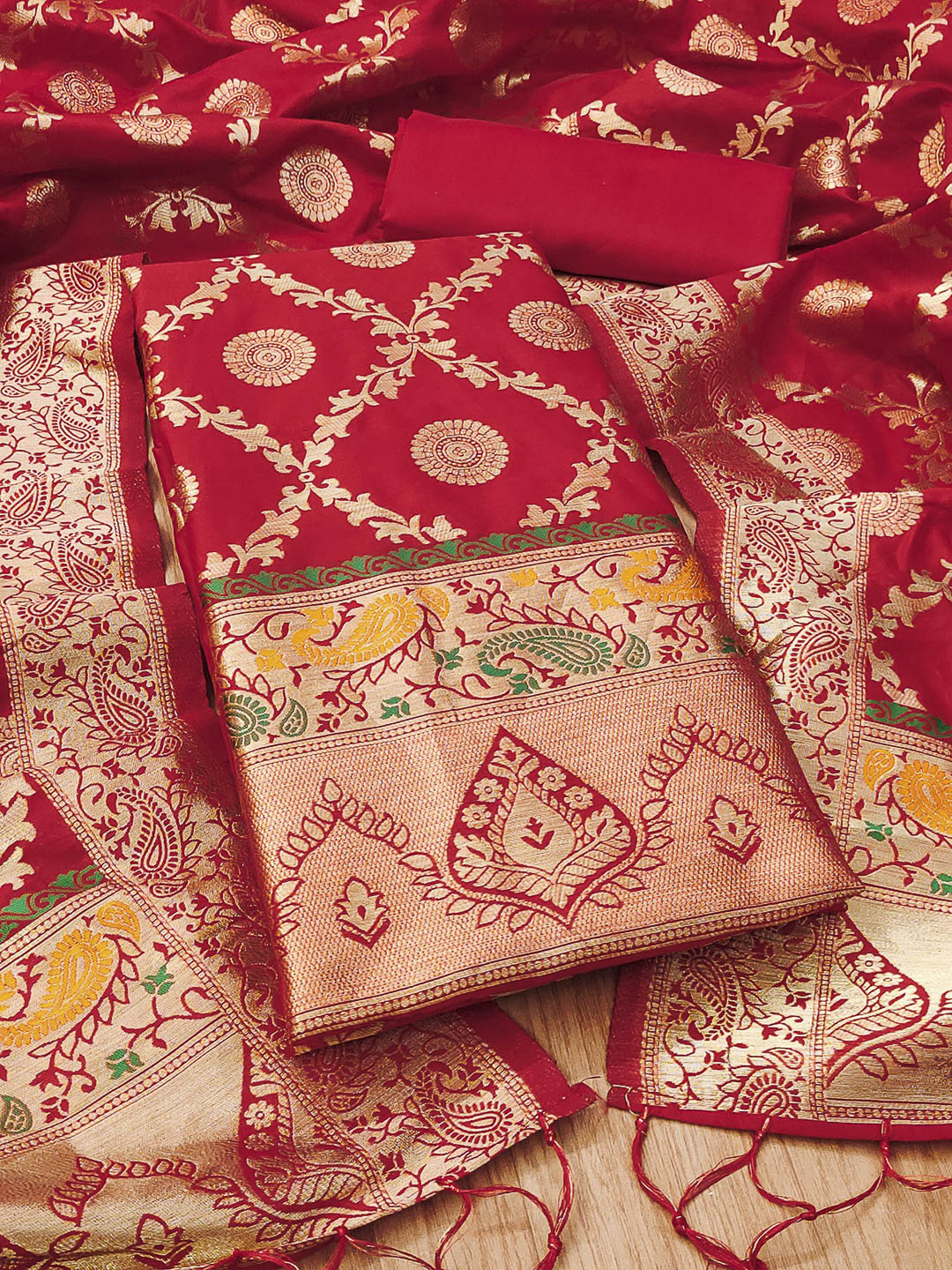 Red Pure Soft Banarasi Silk Woven Design Unstitched Dress Material