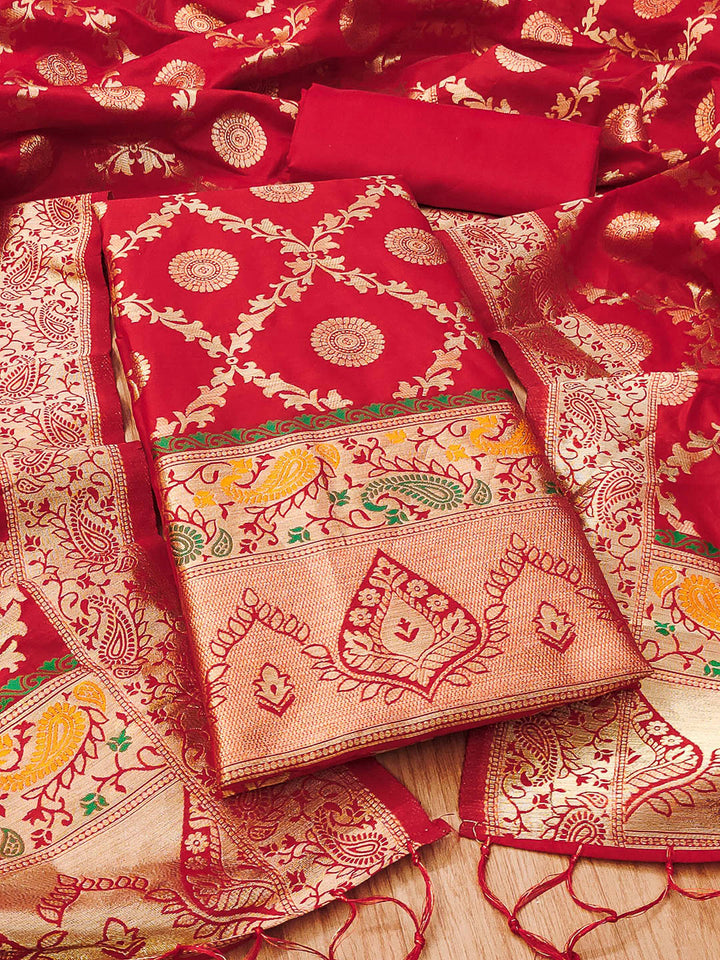Red Pure Soft Banarasi Silk Woven Design Unstitched Dress Material