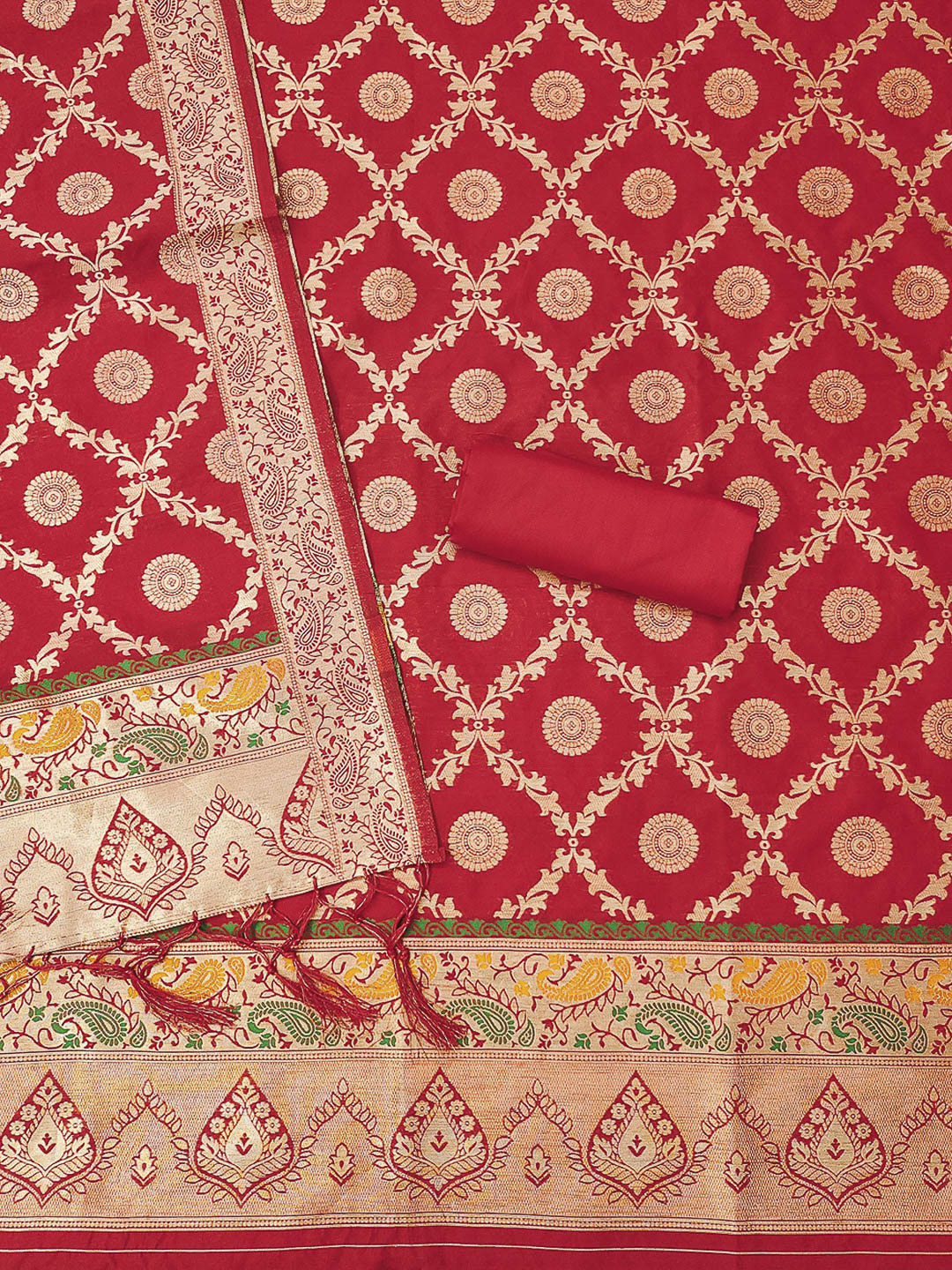 Red Pure Soft Banarasi Silk Woven Design Unstitched Dress Material