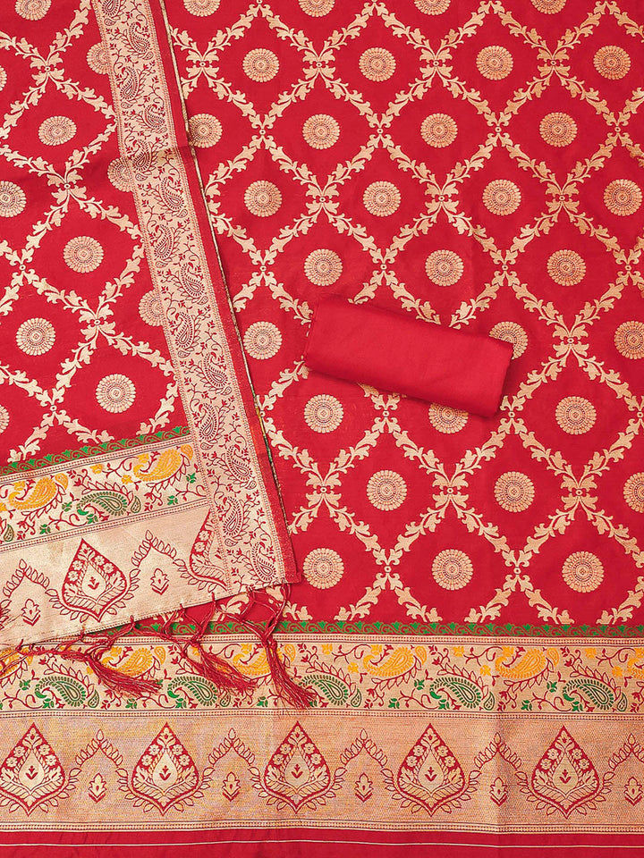 Red Pure Soft Banarasi Silk Woven Design Unstitched Dress Material