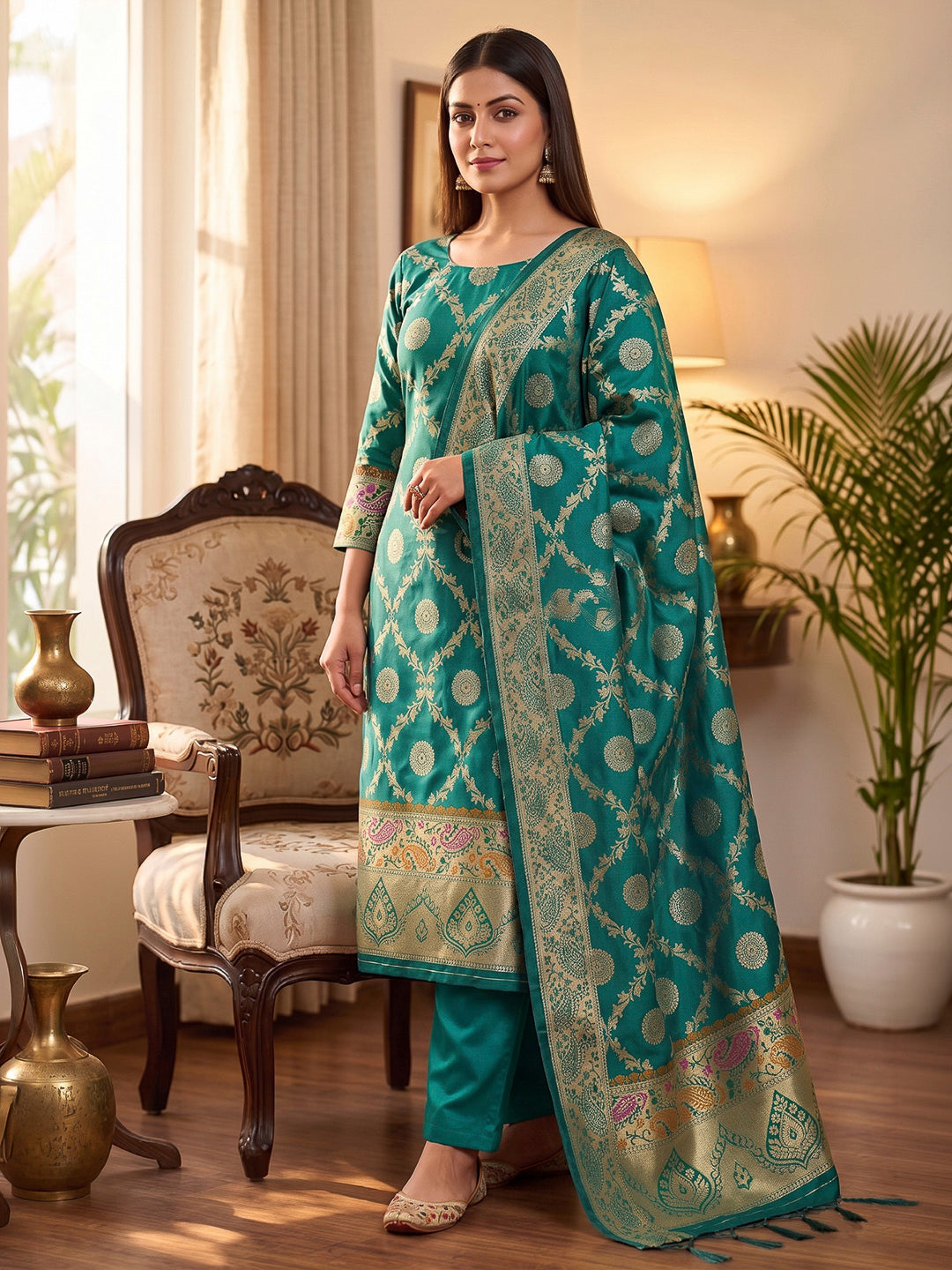 Teal-Blue Pure Soft Banarasi Silk Woven Design Unstitched Dress Material