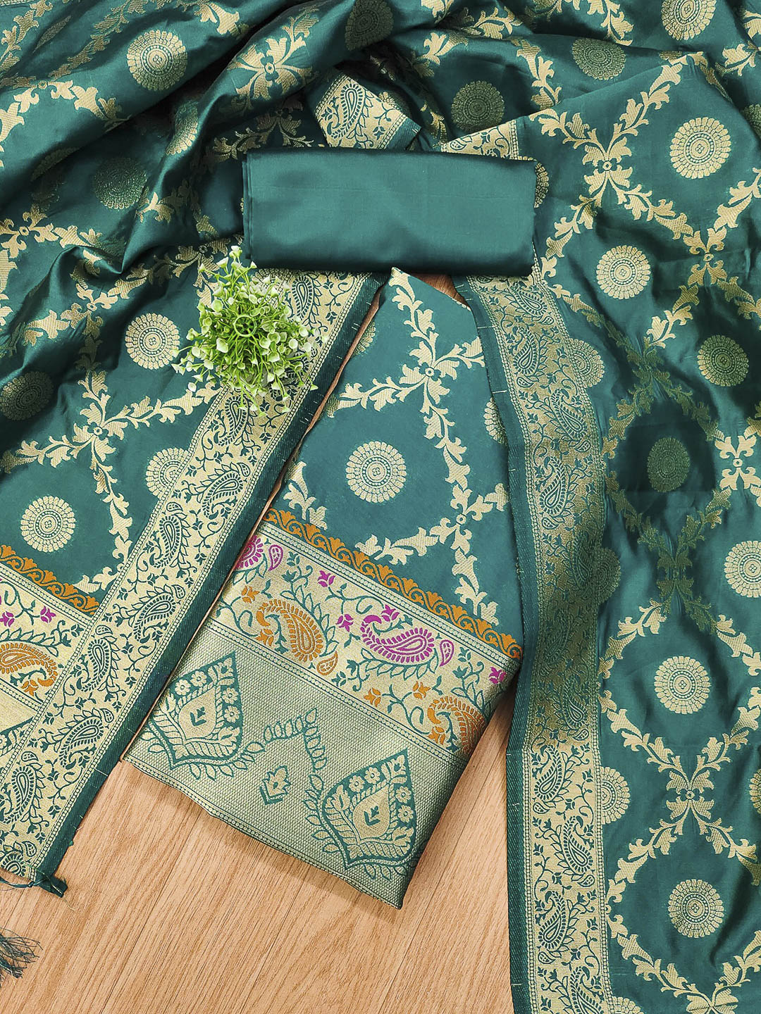 Teal-Blue Pure Soft Banarasi Silk Woven Design Unstitched Dress Material