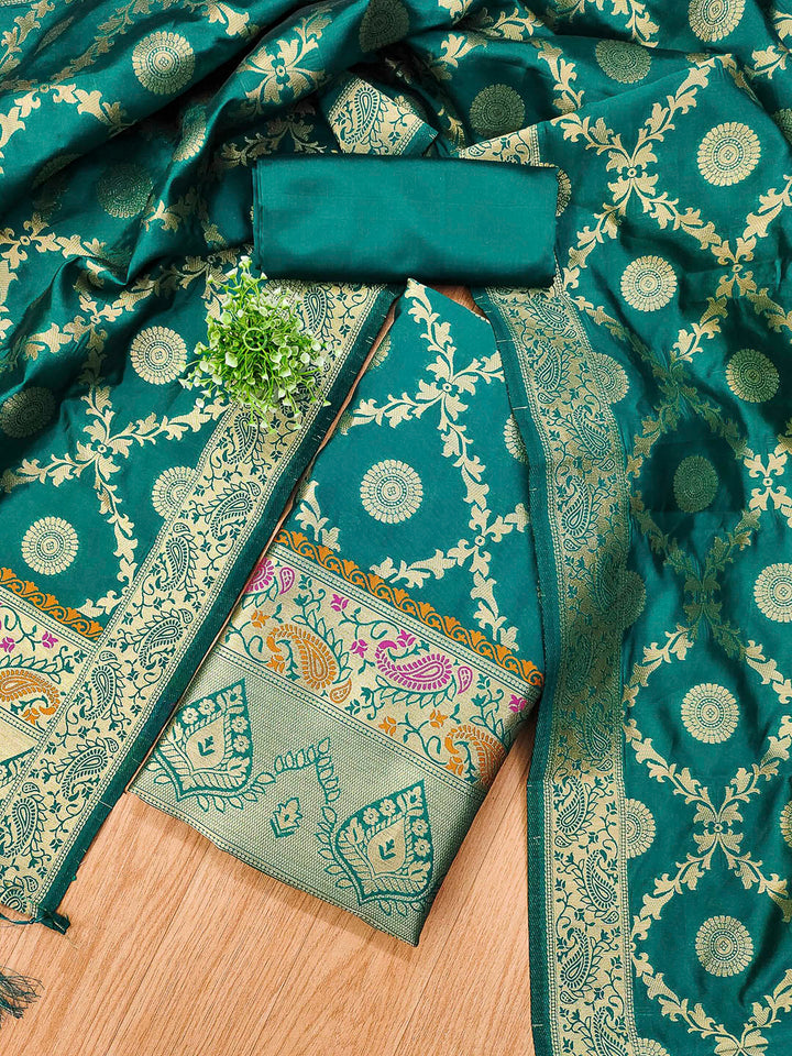 Teal-Blue Pure Soft Banarasi Silk Woven Design Unstitched Dress Material