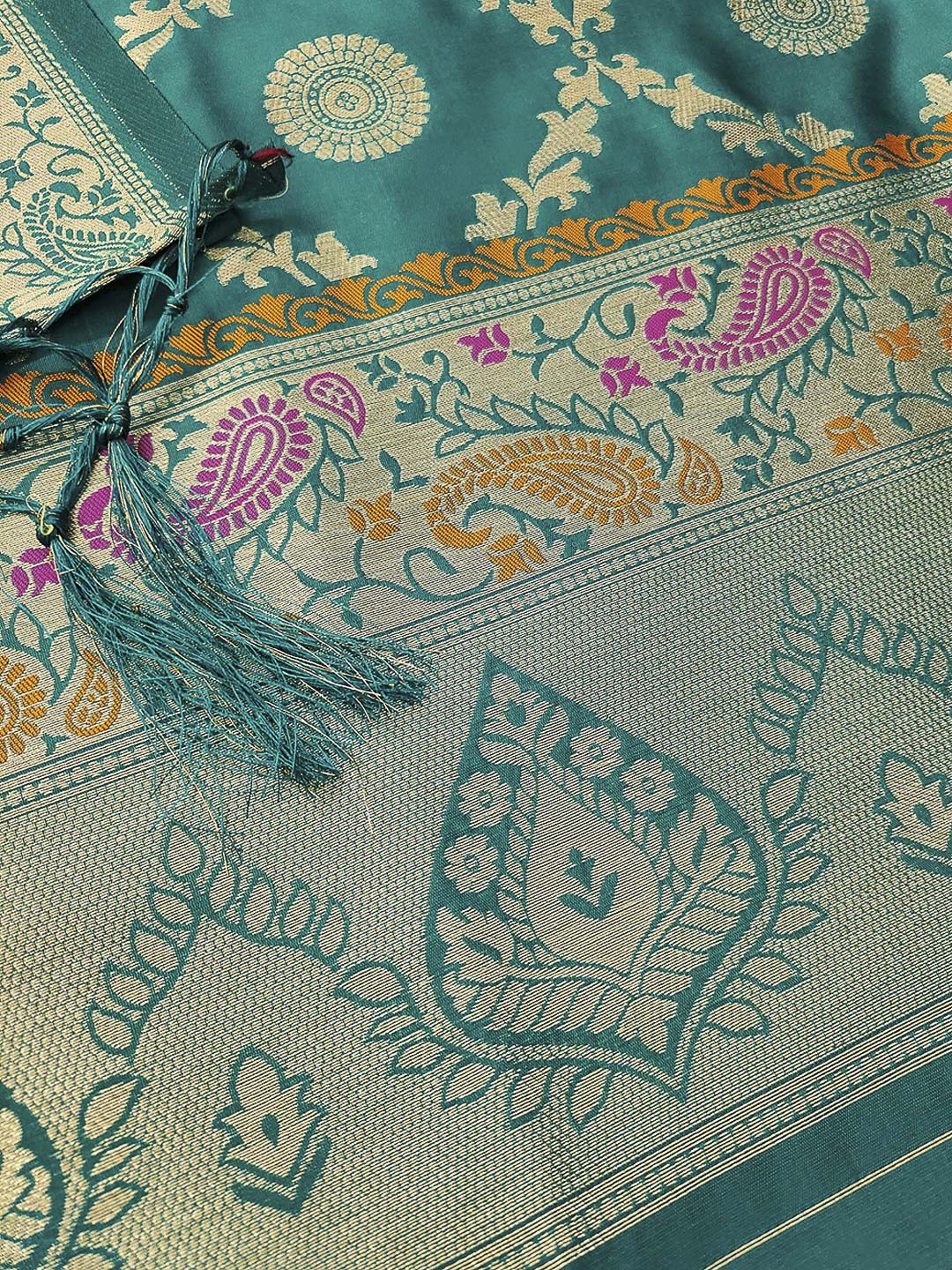 Teal-Blue Pure Soft Banarasi Silk Woven Design Unstitched Dress Material