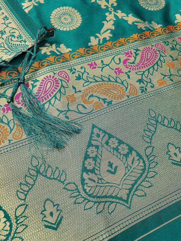 Teal-Blue Pure Soft Banarasi Silk Woven Design Unstitched Dress Material