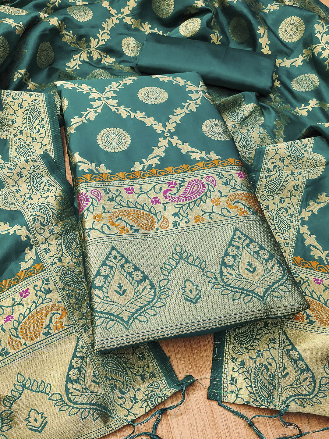 Teal-Blue Pure Soft Banarasi Silk Woven Design Unstitched Dress Material