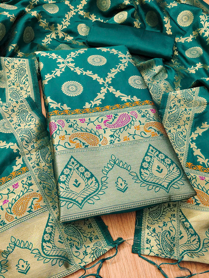 Teal-Blue Pure Soft Banarasi Silk Woven Design Unstitched Dress Material