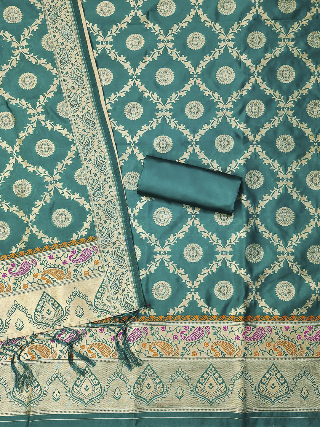 Teal-Blue Pure Soft Banarasi Silk Woven Design Unstitched Dress Material