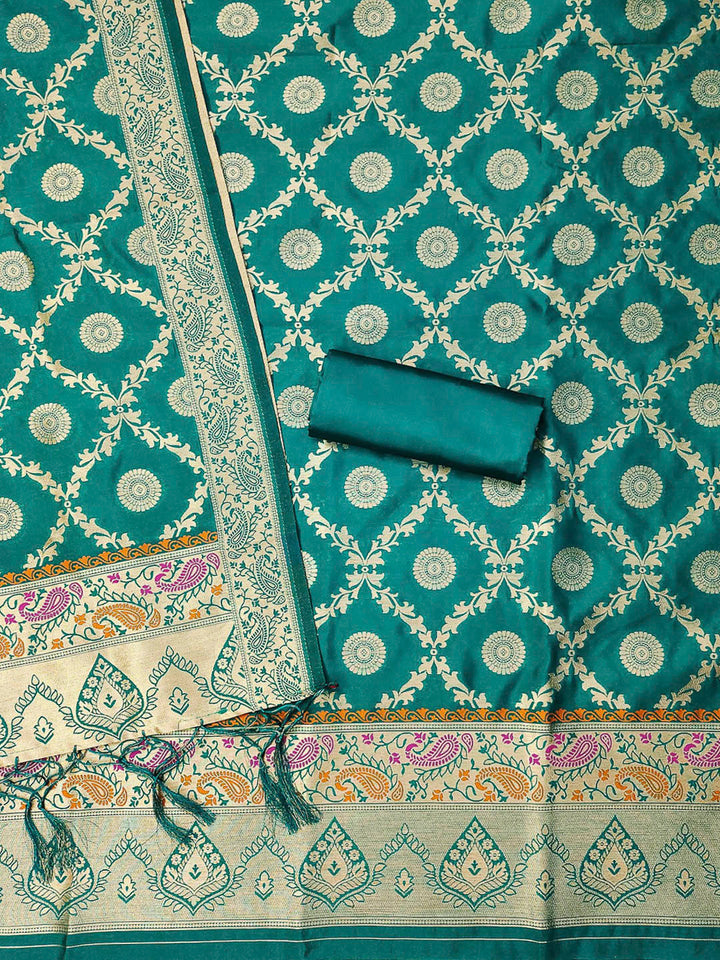 Teal-Blue Pure Soft Banarasi Silk Woven Design Unstitched Dress Material