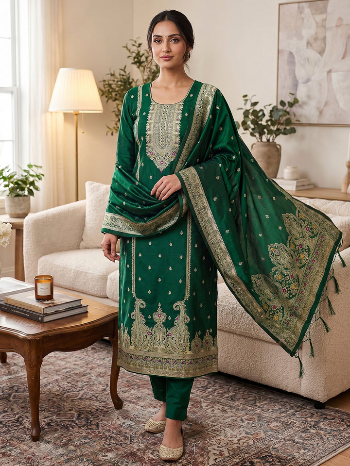Bottle-Green Pure Soft Banarasi Silk Woven Design Unstitched Dress Material